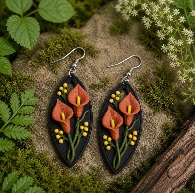 3d printed calla lily earrings on a black oval base, displayed on mossy forest stone.
