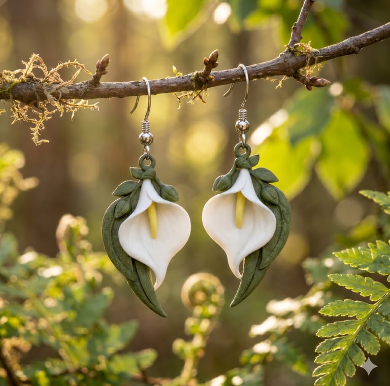Calla Lily Bloom Drops – Botanical Elegance Earrings. Graceful floral dangles featuring a vibrance.