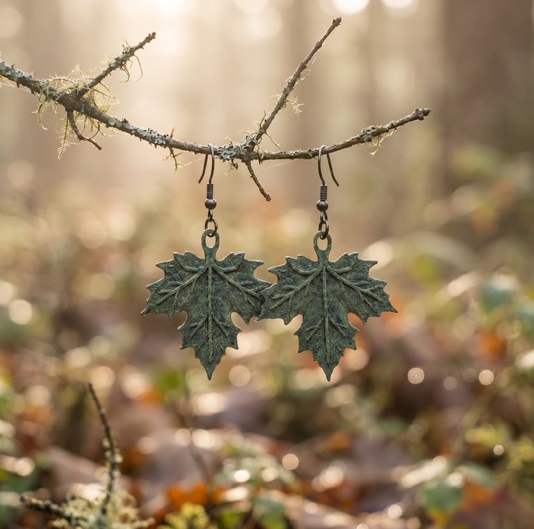 maple leaf earrings in a textured forest green, golden finish