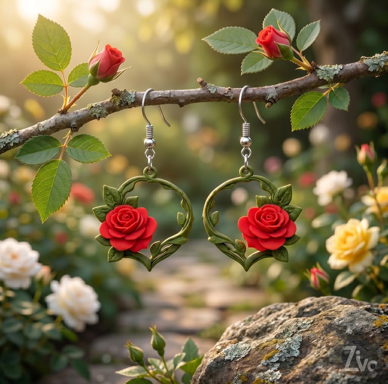 Nature’s Embrace Rose Drops - Flower wreath Earrings.  lightweight, red rose.