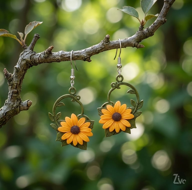 Daisy Heart Drops -  Nature themed Earrings. floral dangles featuring a blooming daisy