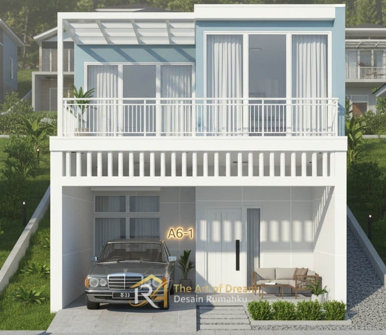 Desain bangunan modern dua lantai berwarna biru muda dan putih