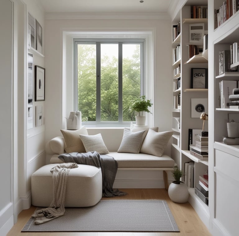 A cozy living room corner with handmade candles and organic cotton throws on a minimalist chair.
