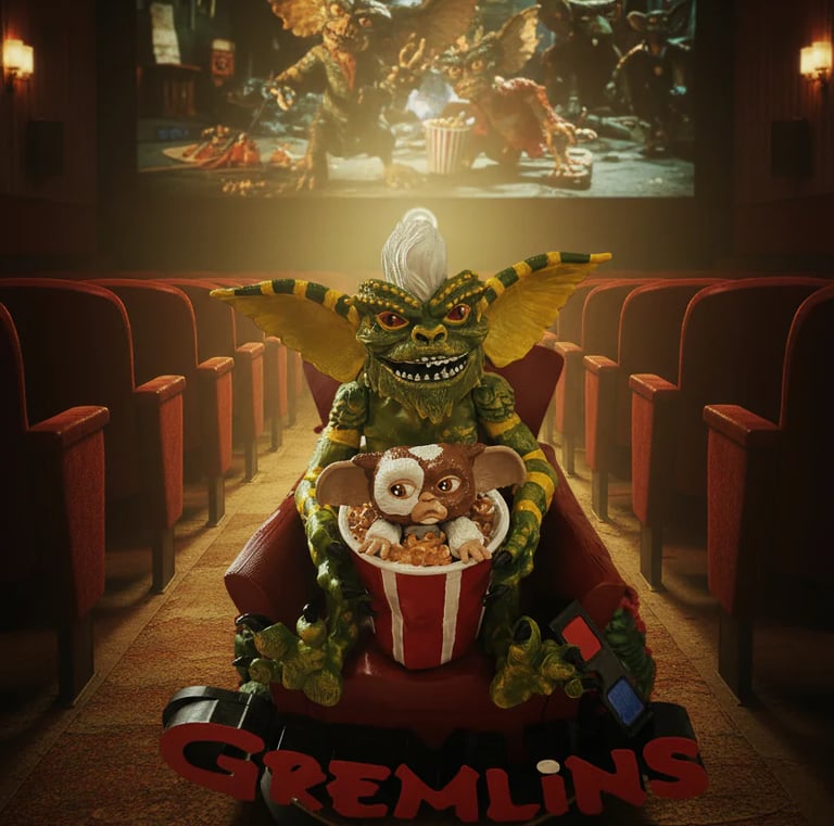 A Gremlin sitting in a chair with a bowl of popcorn, drink and 3d glasses