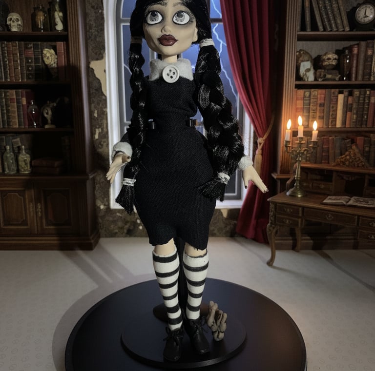 a gothic Wednesday Addams doll with a black dress and black stockings