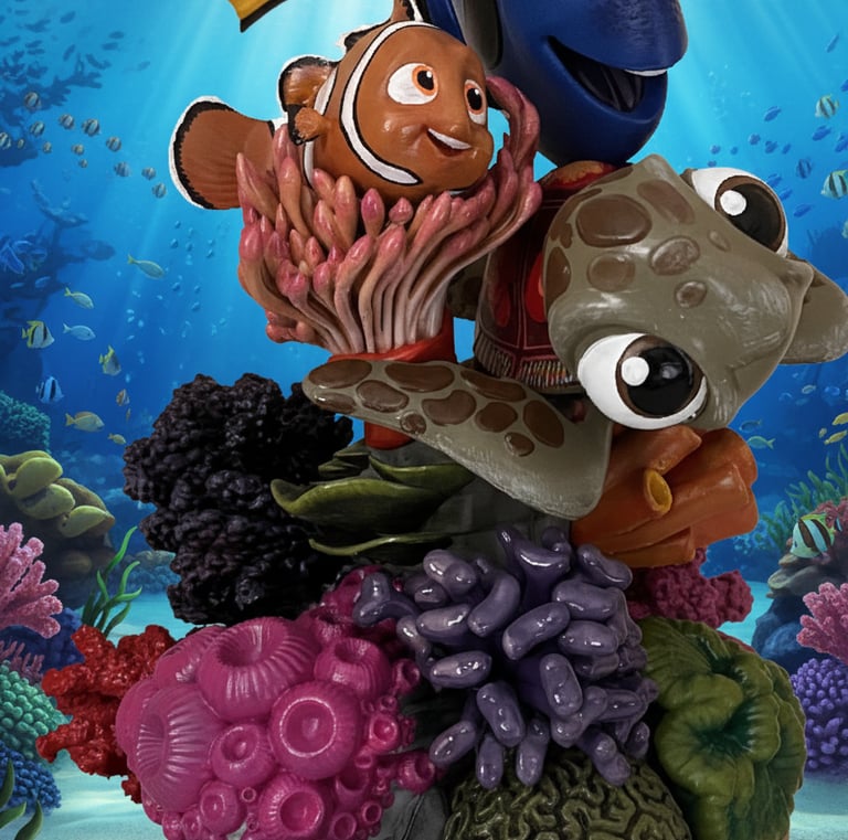 characters in a colourful ocean scene from finding dory