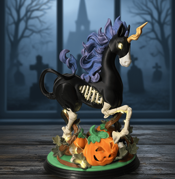 a spooky black and white statue of a unicorn with lighting