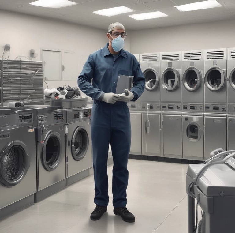 A technician inspecting a commercial building’s ventilation system on a rainy day.