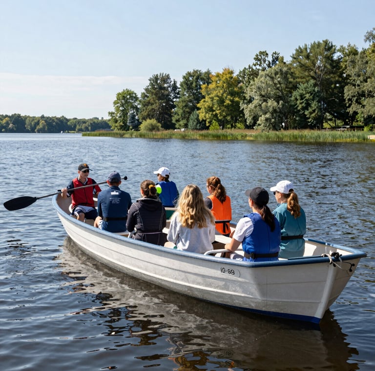 Electric boat gliding quietly on Kupiškio Marios lake surrounded by lush greenery.