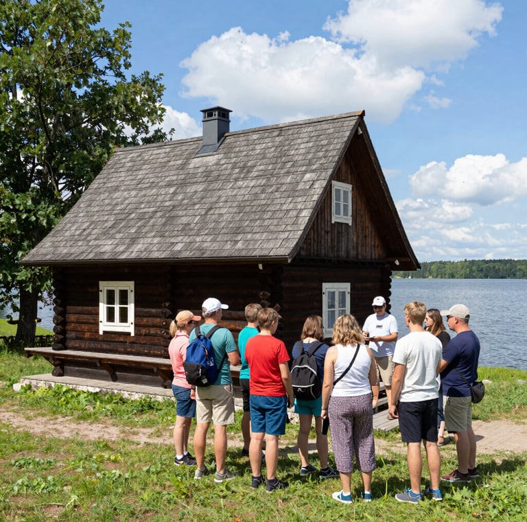 A group of visitors listening attentively during an educational tour inside the cozy 65 sqm house.