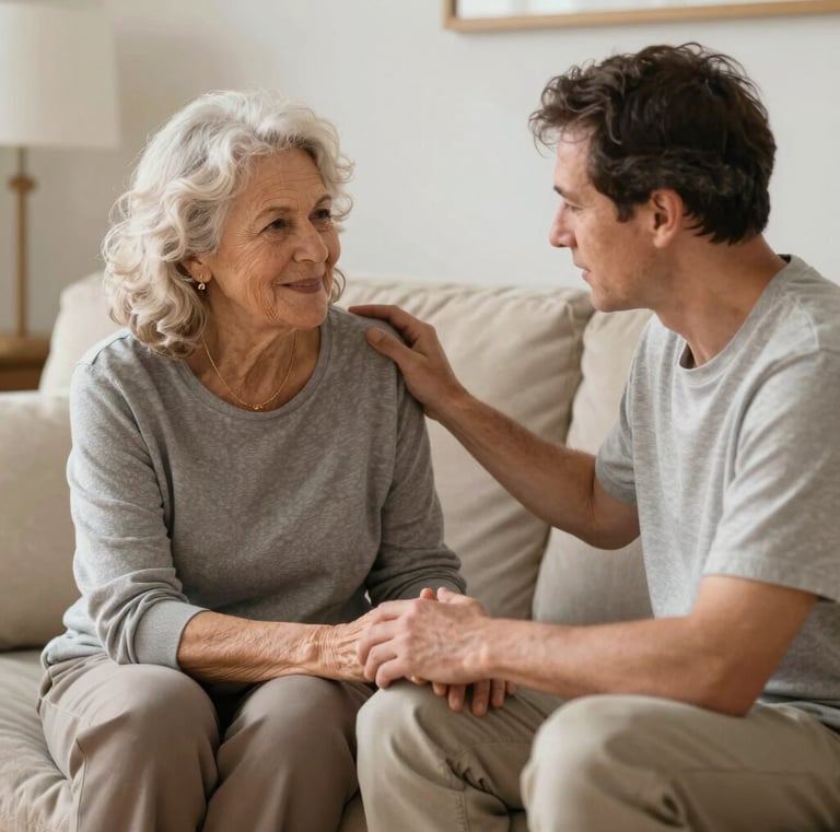A peaceful moment of companionship as a caregiver reads aloud to an elderly woman in a comfortable armchair
