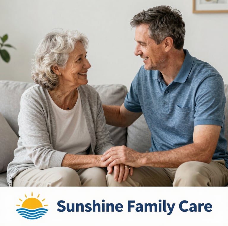 A happy multigenerational family embracing their elderly loved one in a bright, airy home setting