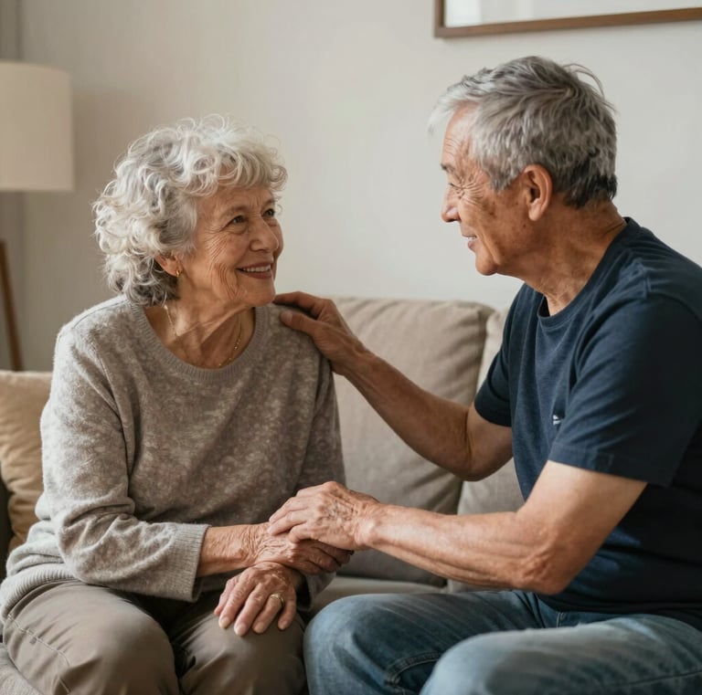 A caregiver assisting an elderly man with mobility exercises in a spacious, softly decorated room
