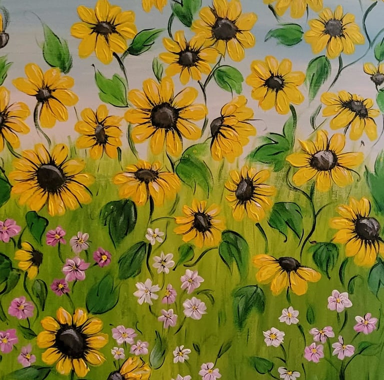 field of sunflowers and wildflowers in acrylic