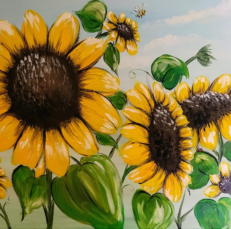 large sunflowers with acrylic and little bumblebee