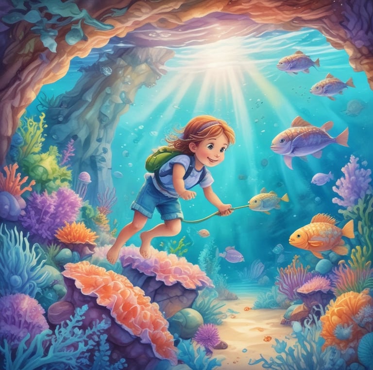 A colorful page showing a child flying with friendly dragons under a starry sky.