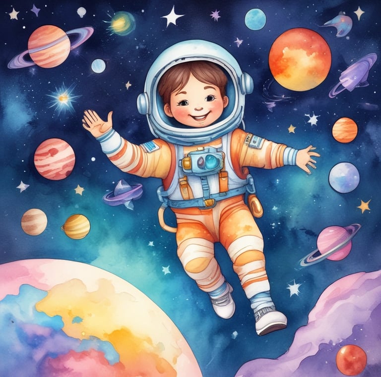 A joyful child’s photo embedded in a playful animal parade through a sunny meadow.