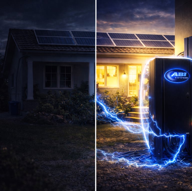 Home solar panel battery backup system powering a house during a night blackout.