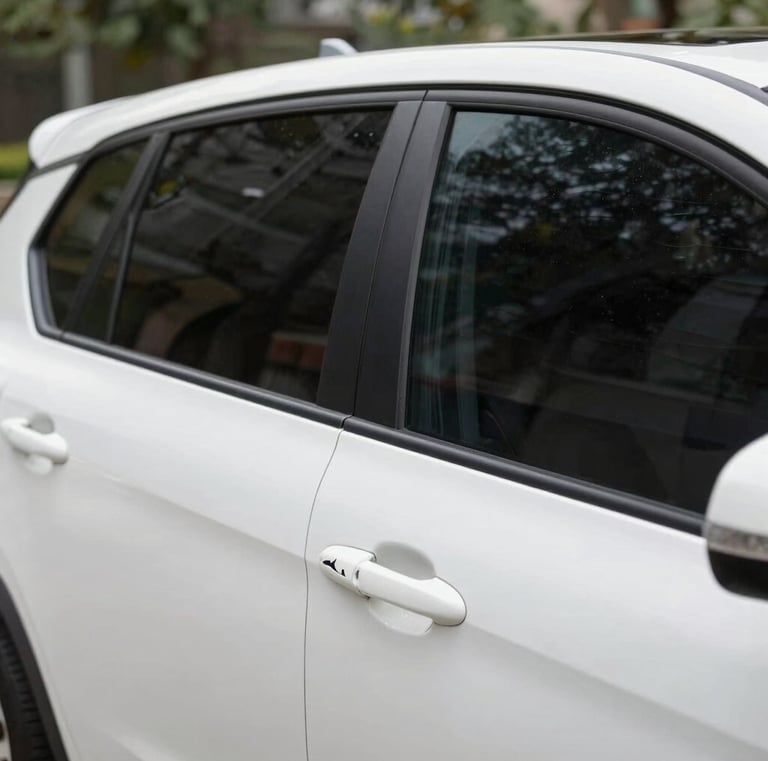 Close-up of a sleek car window tinted perfectly under bright sunlight.