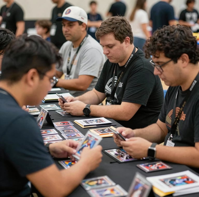 Collectors examining vintage soccer cards with keen interest at the Parsippany event.