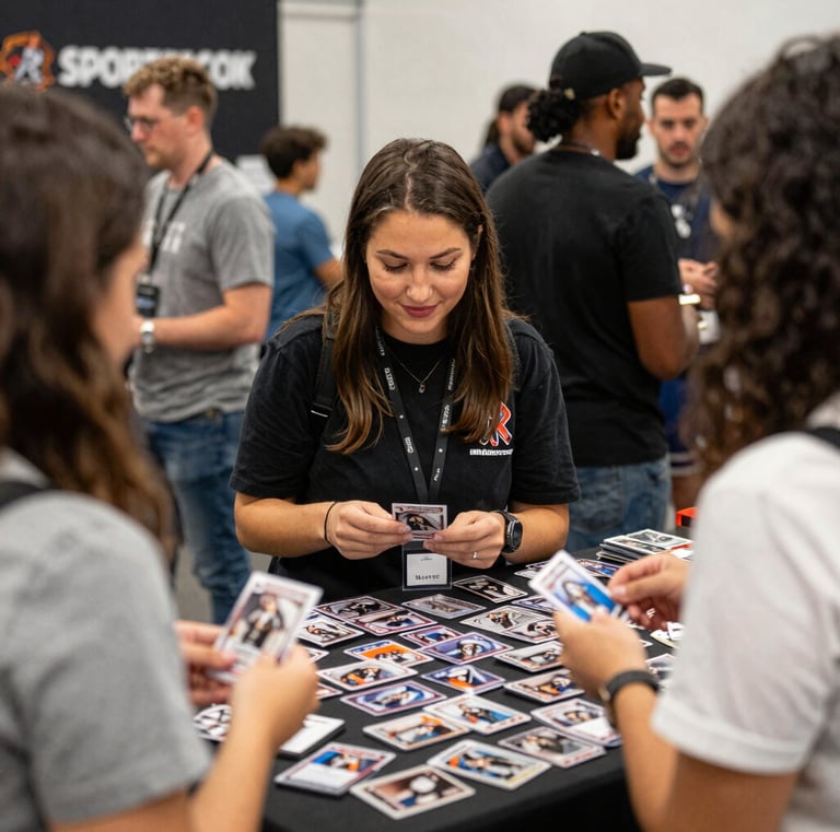 Evening trade night at the Holiday Inn with collectors exchanging cards and stories.