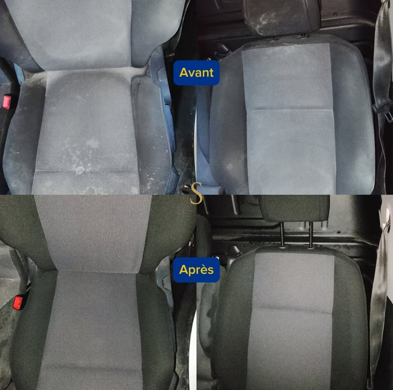 Avant et après nettoyage siège auto shampouinage, montrant l'élimination des taches tissus
