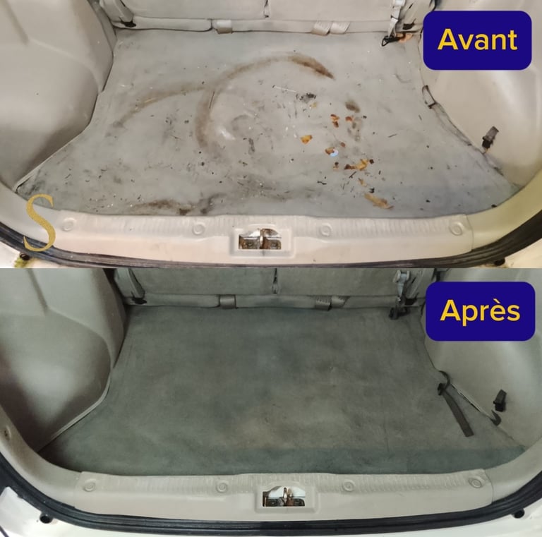 Avant et après nettoyage intérieur auto, montrant un tapis de coffre profondément nettoy