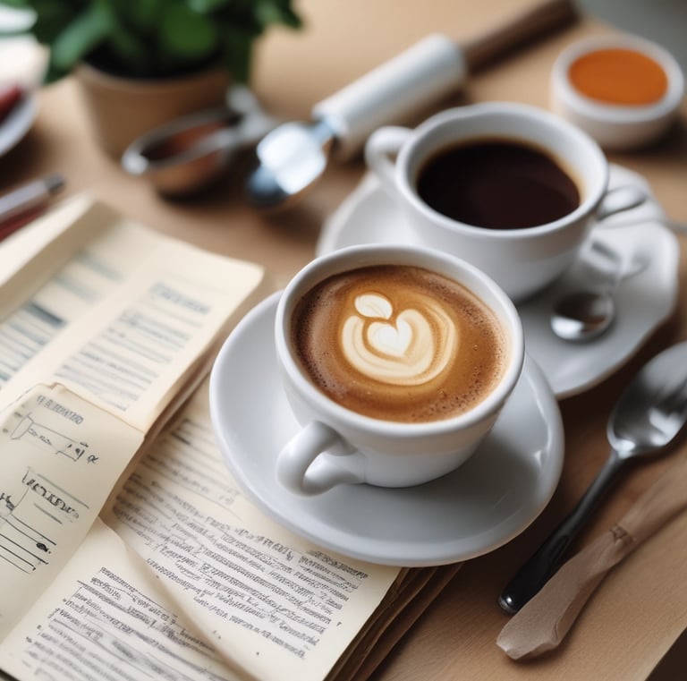 A delicious cup of coffee beside an open notebook filled with handwritten recipe notes.