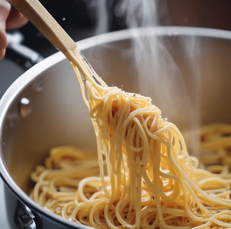 Al dente styled pasta ready to be removed from the pot to complete the recipe dinner