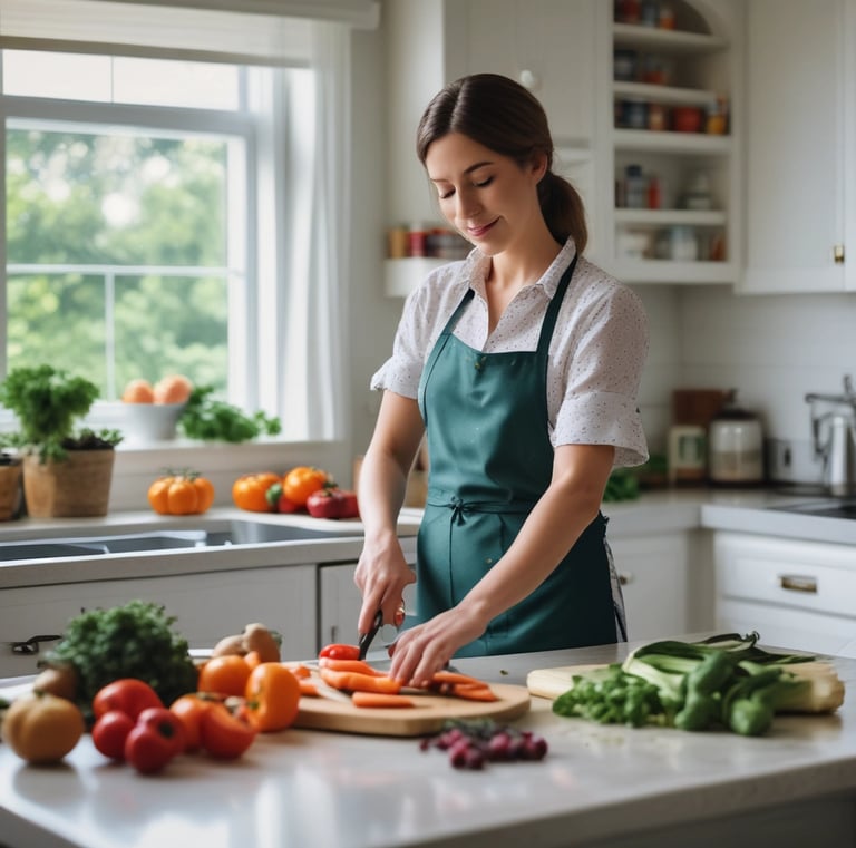 A mother in a state of mindfulness is prepping for a sumptuous meal she is preparing for the family