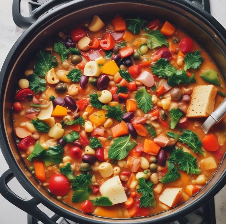 A pot of delicious looking minestrone soup ready to satisfy a hungry appetite