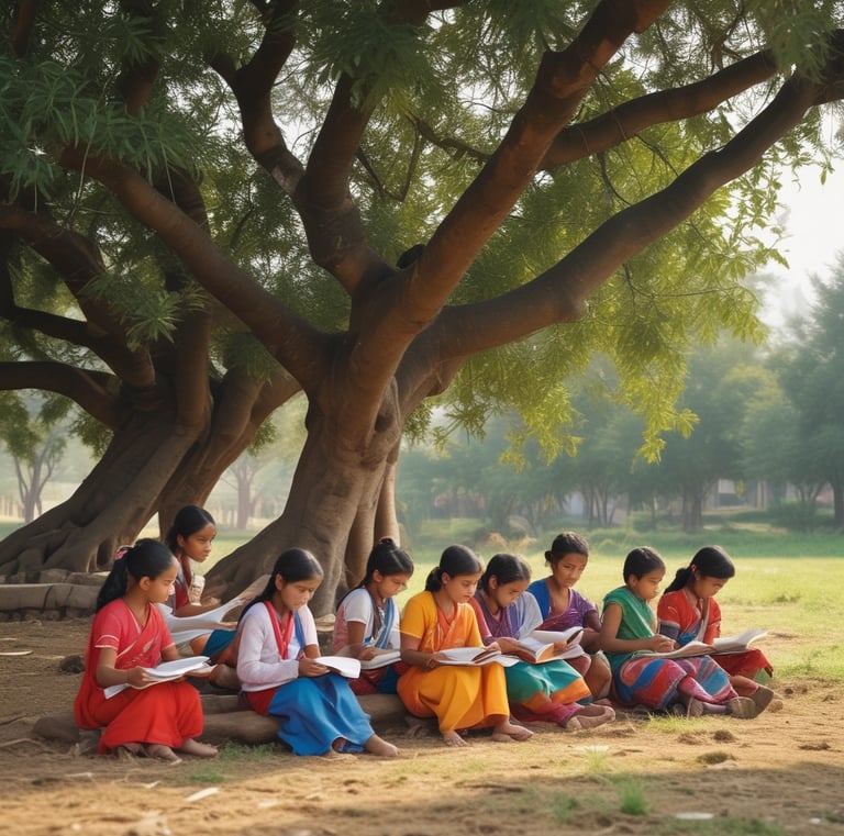 Children attending a literacy class under a tree in Himatnagar.