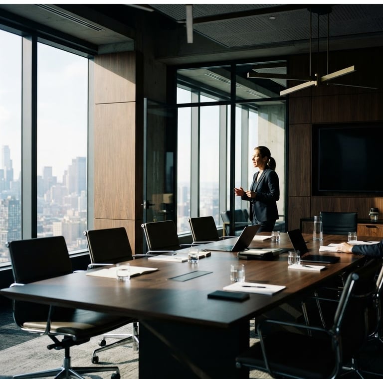 Wide shot of a modern, high-contrast boardroom with natural window light, deep shadows, and architectural details. A focused leader is visible in the background, off-center, in a 35mm cinematic style.