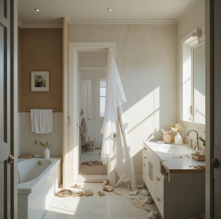 A bright, minimal bathroom in the process of being styled, partially organized space with some items