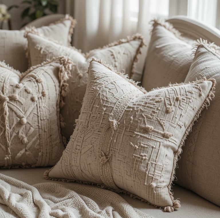 Stylish sofa with a mix of neutral decorative cushions in different textures, soft fabrics, cozy arr