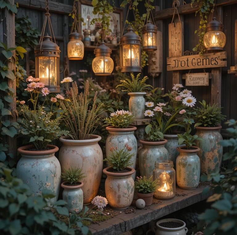 DIY shabby chic garden art display, hand-painted distressed clay pots, hanging mason jar lanterns