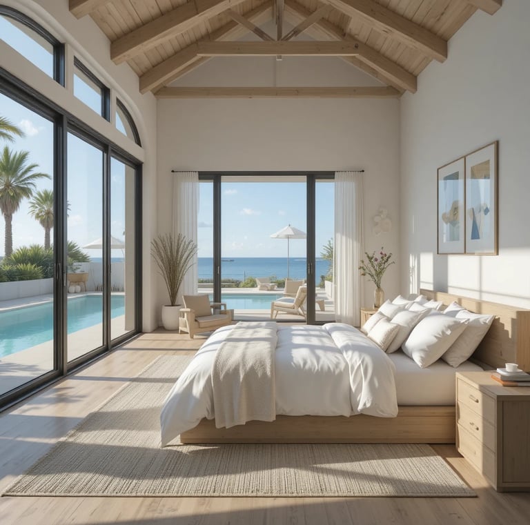 A serene and stylish pool house interior with a cozy bedroom featuring plush soft white bedding and 