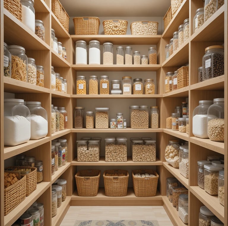 A walk-in pantry with clear airtight containers filled with flour,