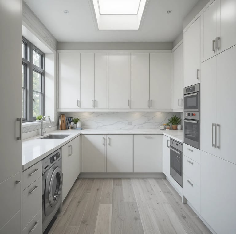 A contemporary laundry room with flat-panel handleless cabinets in matte white finish