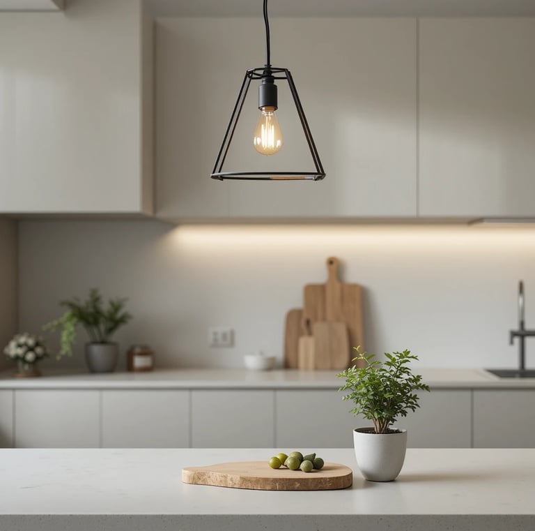 A serene modern kitchen with a minimalist aesthetic, featuring a geometric pendant light fixture abo