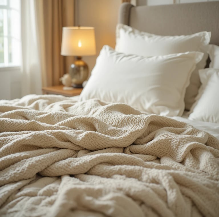 weighted throw blanket draped over the corner of a bed with soft cream linen sheets, warm amber beds