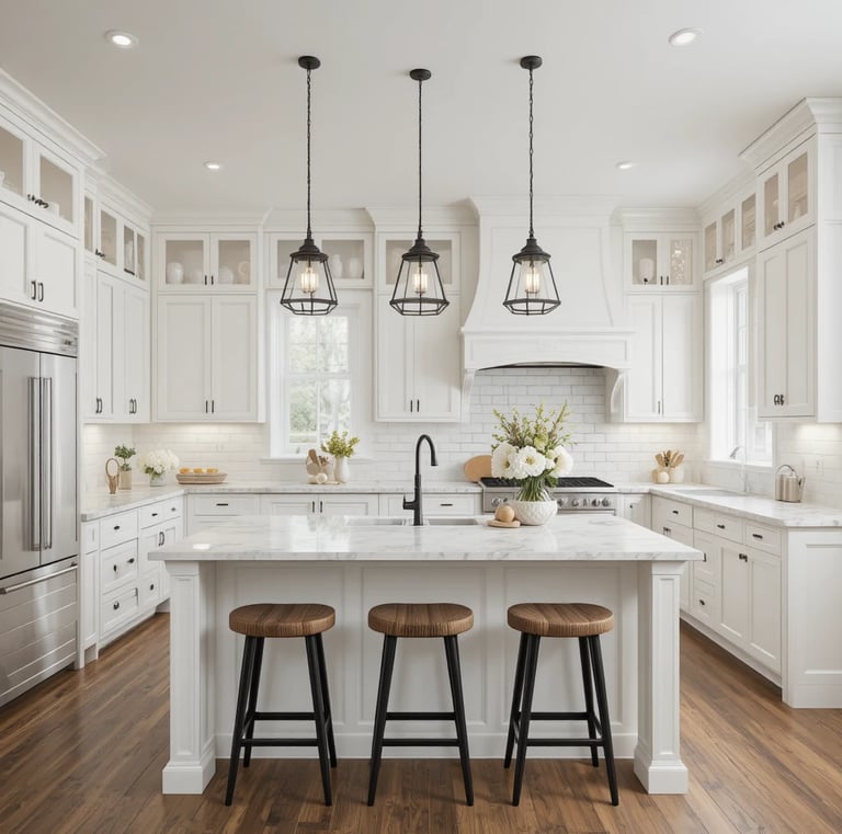A timeless farmhouse kitchen featuring elegant white shaker-style cabinets with matte black hardware