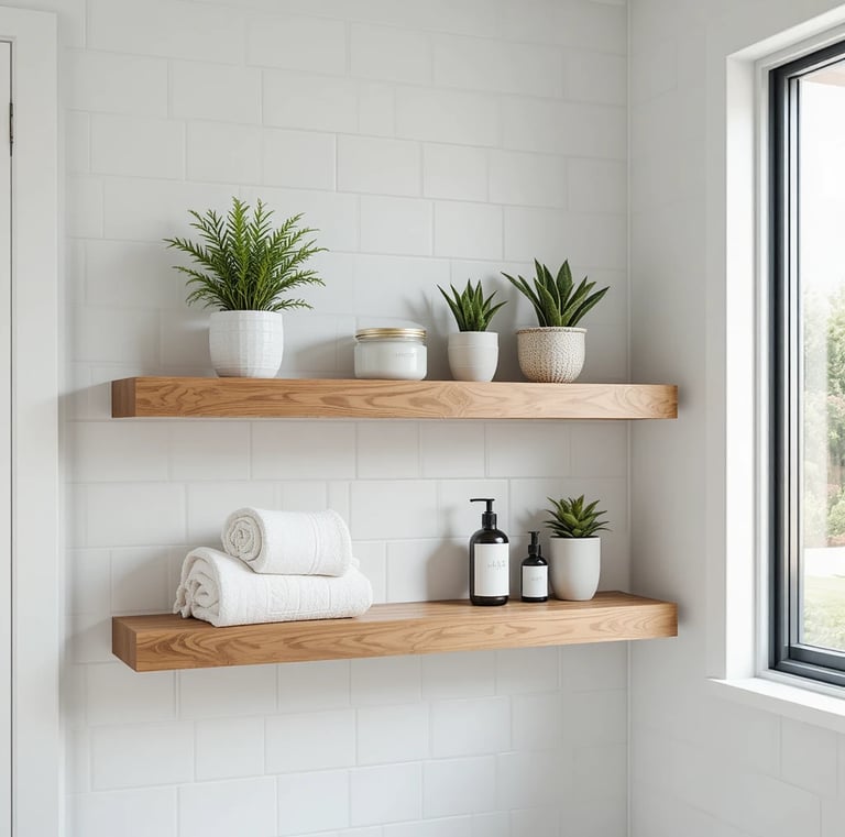 Modern wooden floating shelves installed in a tiny bathroom, styled with rolled towels, small plants