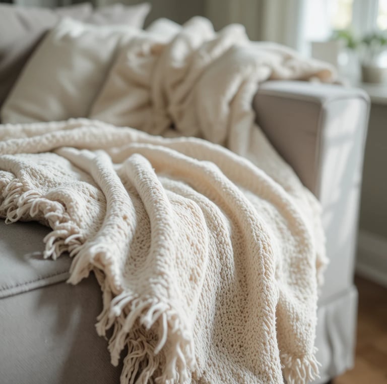 Close-up of a soft neutral throw blanket draped over a modern sofa, visible fabric texture, warm ton