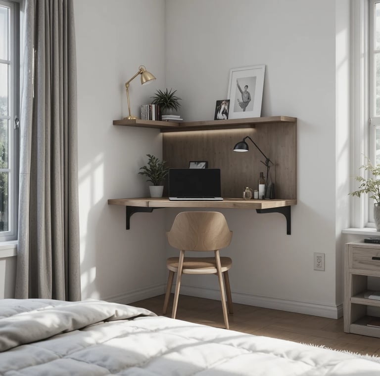 Small bedroom corner with a sleek floating desk mounted to the wall, minimal chair tucked underneath