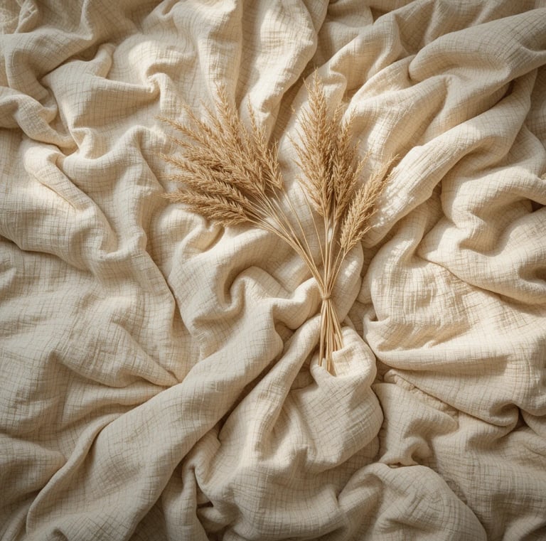 weave linen duvet in warm oatmeal tones, casually rumpled as if just slept in, morning light streami