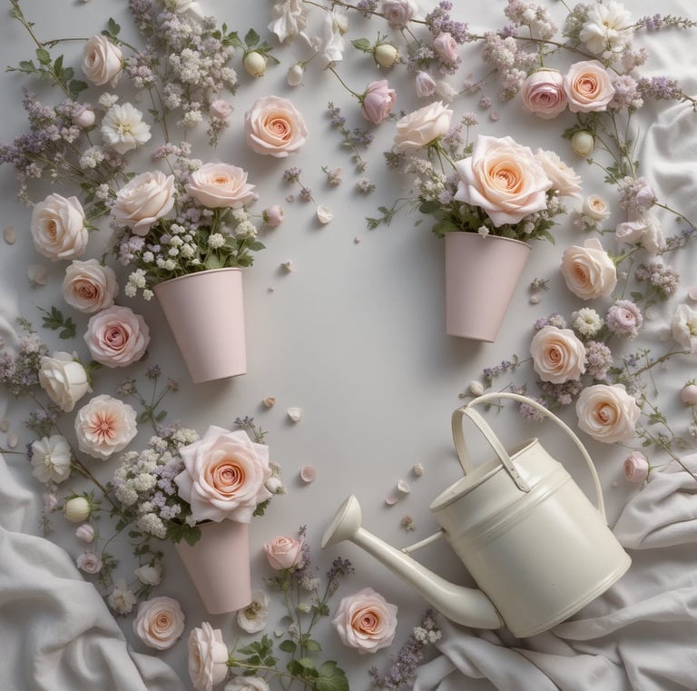 Flat lay and garden scene blend featuring pastel garden elements, blush pink, ivory, lavender,