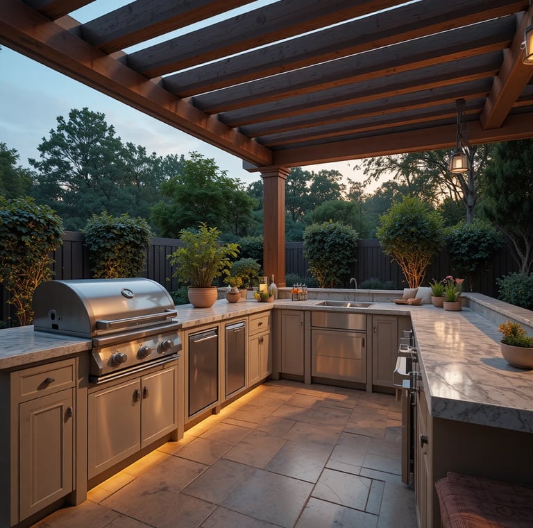 A luxurious backyard outdoor kitchen at golden hour, featuring a built-in grill, marble countertops