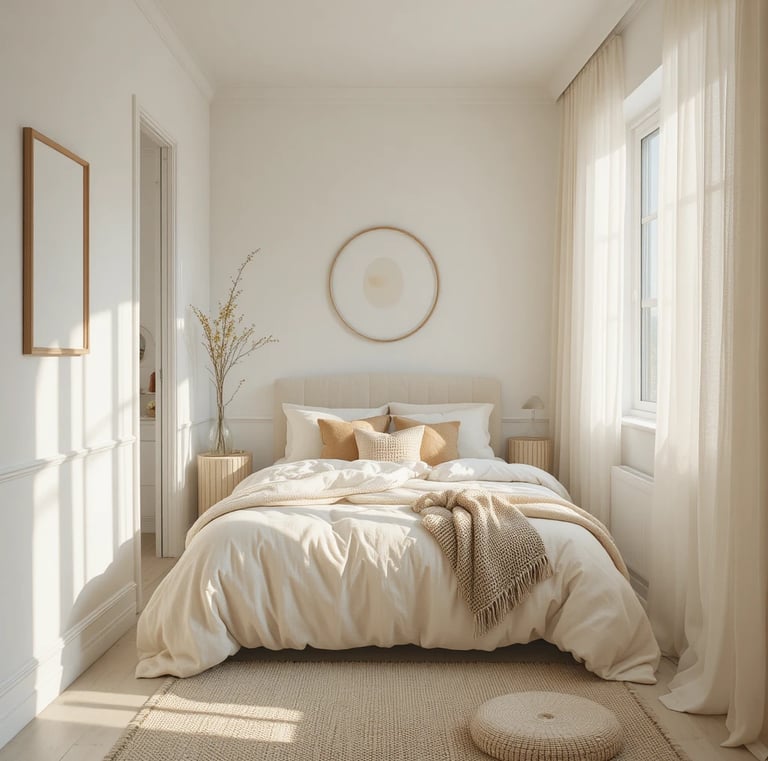 A bright tiny bedroom with soft white walls, warm beige bedding, and sheer curtains allowing natural