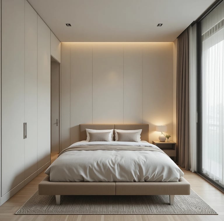 Minimalist tiny bedroom with only essential furniture, low bed, small side table, neutral color pale